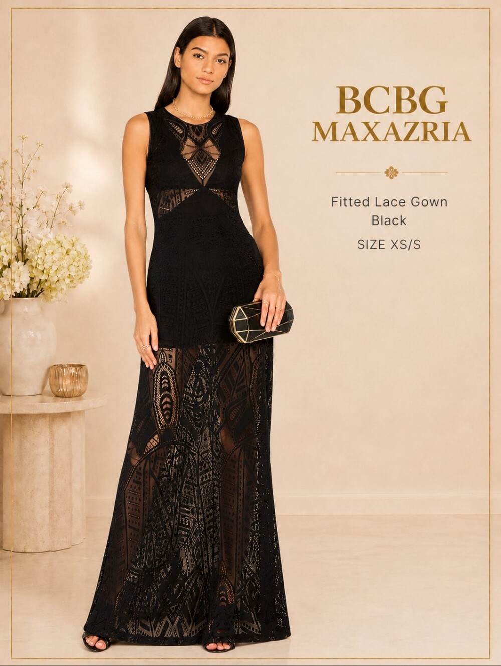 ✨ BCBGMAXAZRIA Black Fitted Stretch Lace Gown XS / S ✨